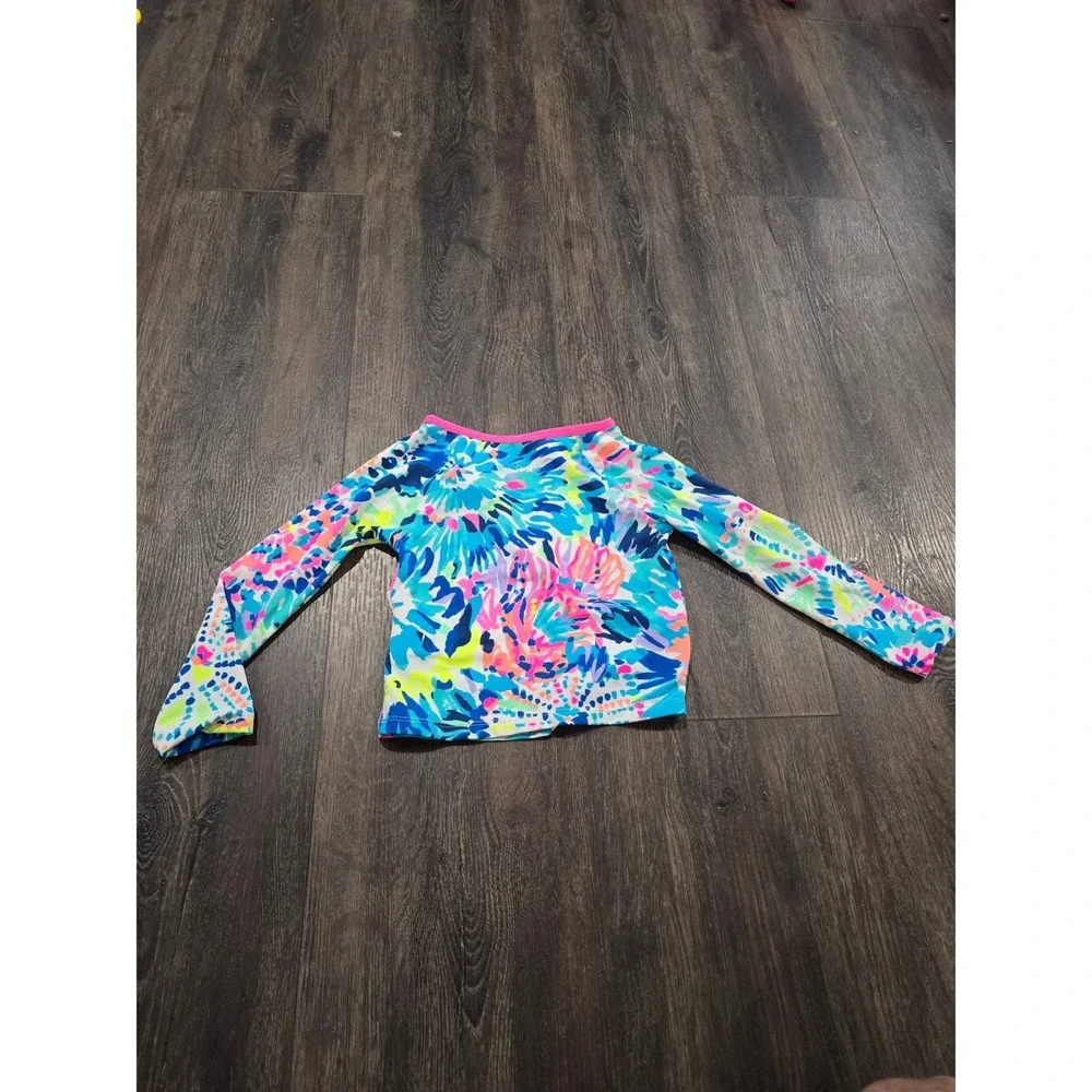 Lilly Pulitzer Girl Luxletic Rash Guard Swim Top Blue Pink Floral Zip  S 4-5